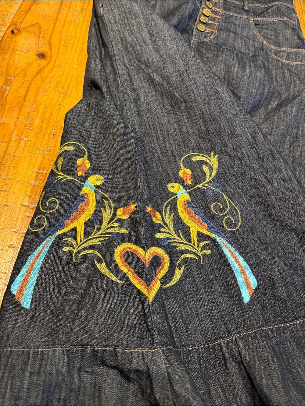 Vintage Brazilian Verbo Embroidered Dark Blue Denim Maxi Skirt - Button Front - Picture 5 of 11